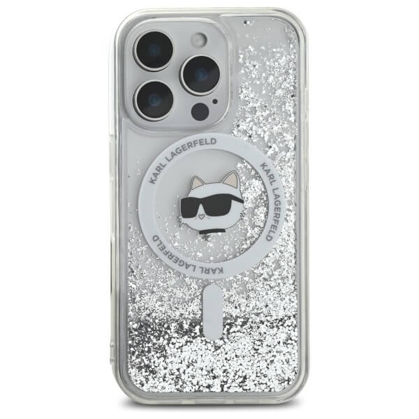 Karl Lagerfeld iPhone 16 Pro Max - Liquid Glitter Choupette Head - MagSafe Σκληρή Θήκη με Πλαίσιο Σιλικόνης - Διάφανη - KLHMP16XLGCHSGH