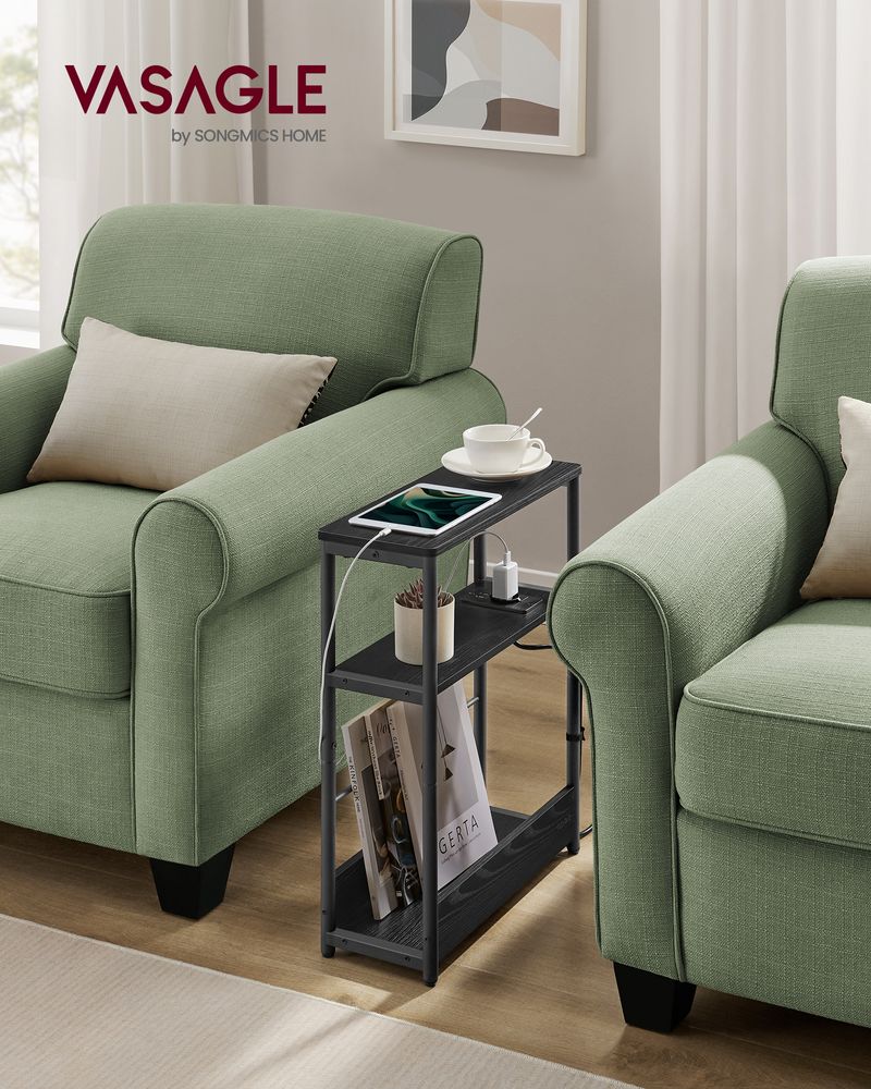 Vasagle Στενό Βοηθητικό Τραπεζάκι με Ενσωματωμένο Πολύπριζο με 1 Θύρα AC και 2 Θύρες USB - Ebony Black / Ink Black - LET335BE02