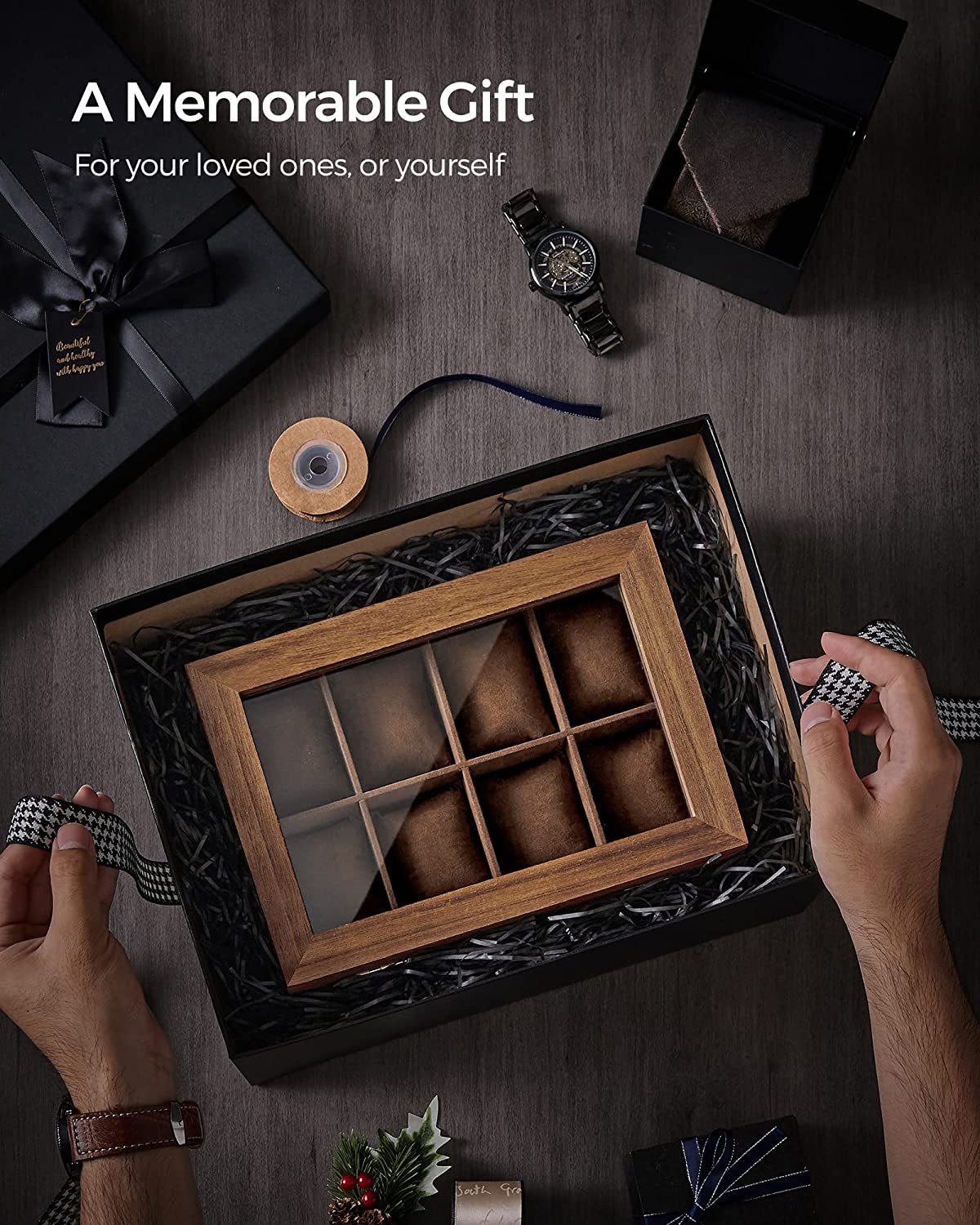 Songmics Κουτί Αποθήκευσης 8 Ρολογιών και Κοσμημάτων - Rustic Walnut - JOW008K01