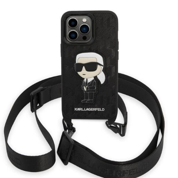 Karl Lagerfeld iPhone 14 Pro - Monogram Ikonik Patch Σκληρή Θήκη με Λουράκι - Black - KLHCP14LSTKMK