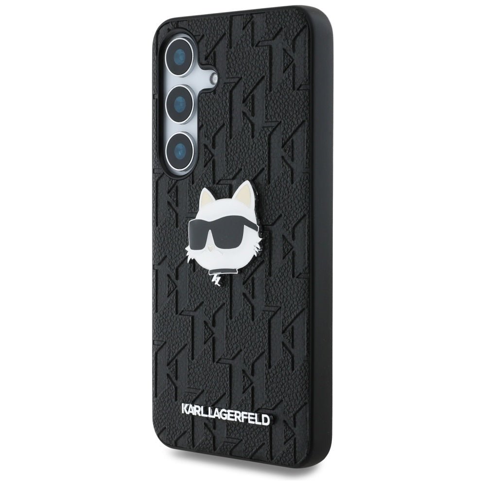 Karl Lagerfeld Samsung Galaxy S25 - Monogram Choupette Head Pin - Σκληρή Θήκη με Επένδυση Συνθετικού Δέρματος - Black - KLHCS25SPGKLCHPK