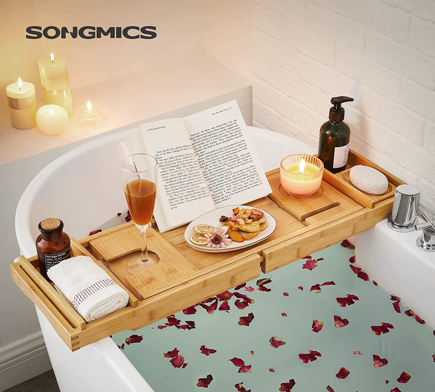 Songmics Επεκτεινόμενη Βάση από Μπαμπού για τη Μπανιέρα και Θήκη Σαπουνιού - Natural - BCB88Y