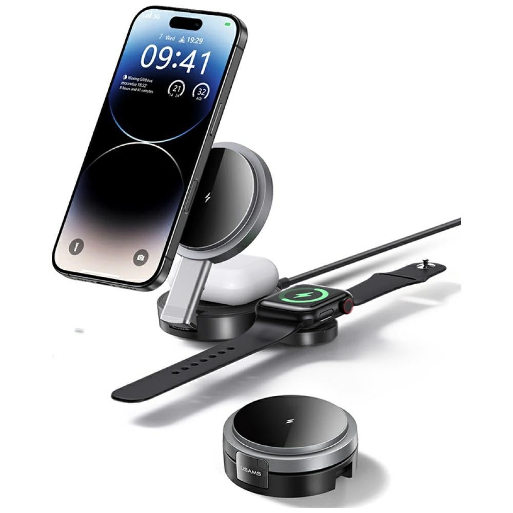 USAMS 3in1 Πτυσσόμενος Ασύρματος Φορτιστής Qi για Smartphones και Apple Watch και Airpods 15W - Black