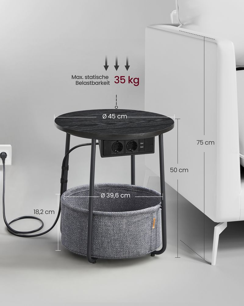 Vasagle Στρόγγυλο Βοηθητικό Τραπέζι με Υφασμάτινο Καλάθι Αποθήκευσης και Ενσωματωμένο Πολύπριζο - Ebony Black / Slate Gray - LET228B02