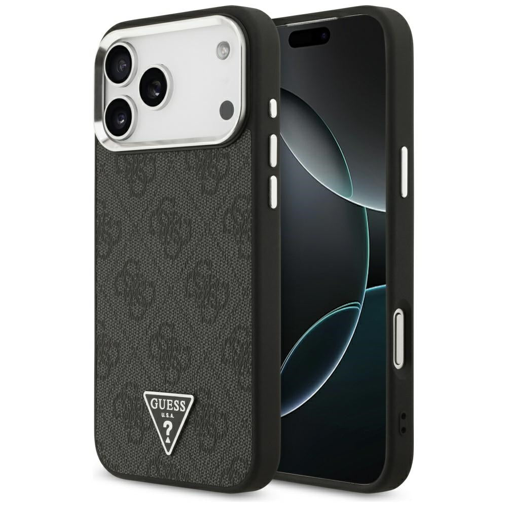 Guess iPhone 17 Pro Max - 4G Triangle Logo MagSafe - Σκληρή Θήκη με Πλαίσιο Σιλικόνης και Επένδυση Συνθετικού Δέρματος - Black / Silver - GUHMP17XP4TSRCMK