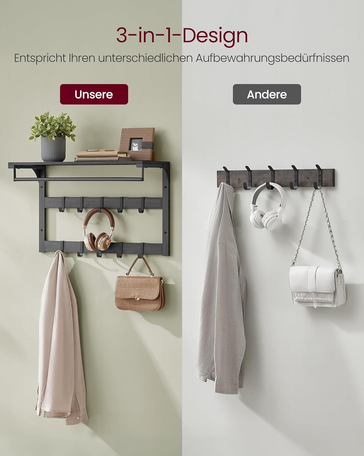 Vasagle Επιτοίχια Κρεμάστρα με 10 Αφαιρούμενους Γάντζους - 30 x 65 x 42 cm - Anthracite Grey / Black - LCR101B04