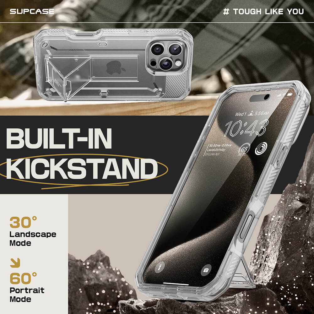 Supcase iPhone 16 Pro Max Unicorn Beetle Pro Σκληρή Θήκη με Προστασία Οθόνης και Stand - Διάφανη