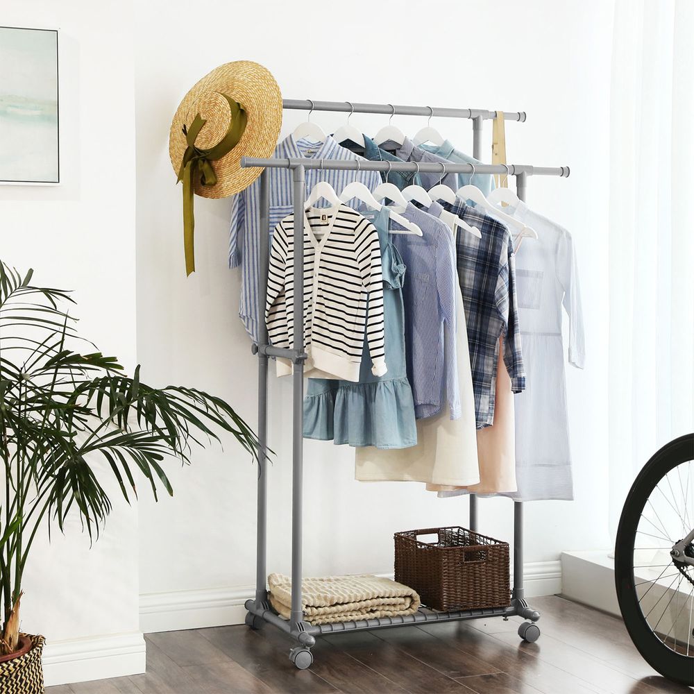 Songmics Επιδαπέδια Επεκτεινόμενη Μεταλλική Κρεμάστρα - Ράγα Ρούχων με Ράφι - Grey - LLR13GY