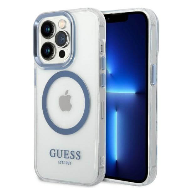 Guess iPhone 14 Pro Max Metal Outline MagSafe Σκληρή Θήκη με Πλαίσιο Σιλικόνης και MagSafe - Blue / Clear - GUHMP14XHTRMB
