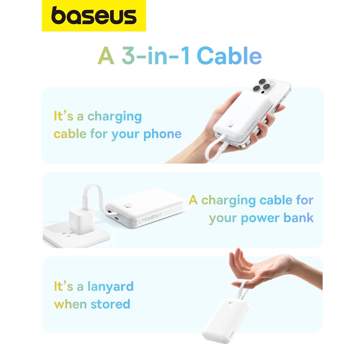 Baseus Magnetic Mini Ασύρματο MagSafe PowerBank 10000mAh 20W με Καλώδιο Type - C και Ενσωματωμένο Καλώδιο Lightning - White