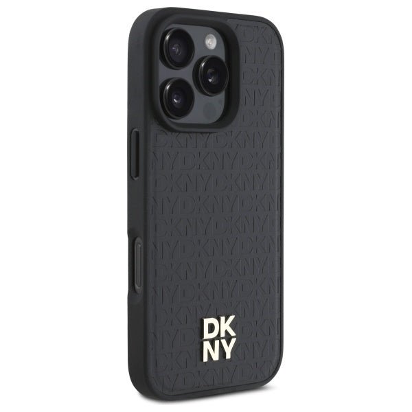 DKNY iPhone 16 Pro Max - Repeat Pattern Stack Logo MagSafe - Σκληρή Θήκη με Επένδυση Συνθετικού Δέρματος - Black