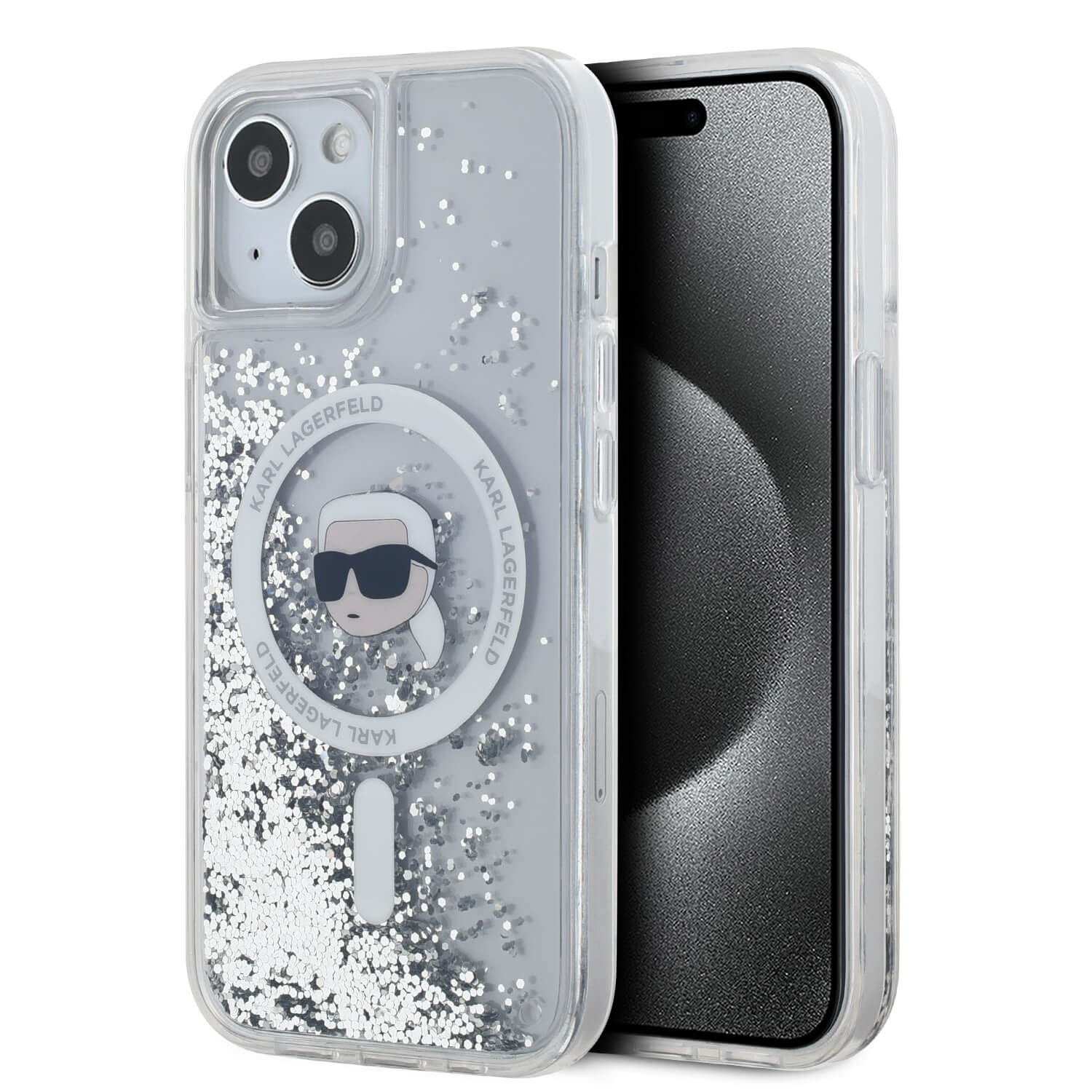 Karl Lagerfeld iPhone 15 / 14 / 13 - Liquid Glitter Karl Head MagSafe - Σκληρή Θήκη με Πλαίσιο Σιλικόνης - Διάφανη - KLHMP15SLGKISGH