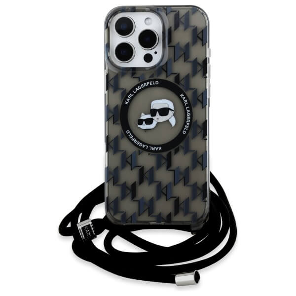 Karl Lagerfeld iPhone 16 Pro Max - IML Crossbody Monogram Karl and Choupette Head - MagSafe Σκληρή Θήκη με Πλαίσιο Σιλικόνης και Λουράκι - Black - KLHMP16XHCKCKLCK