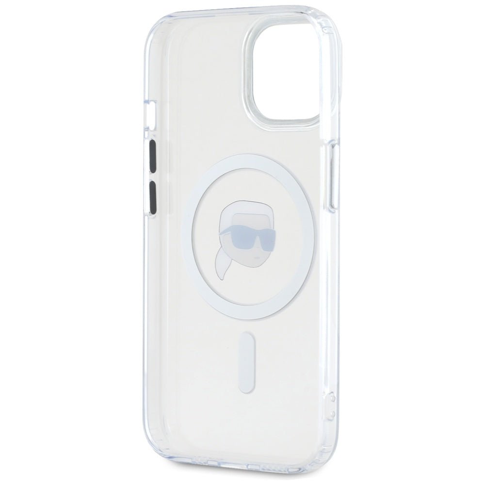 Karl Lagerfeld iPhone 15 - IML Metal Karl Head - MagSafe Σκληρή Θήκη με Πλαίσιο Σιλικόνης - White - KLHMP15SHLSKIH