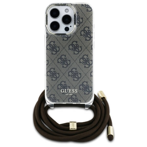 Guess iPhone 16 Pro - Crossbody Cord 4G Print - Σκληρή Θήκη με Πλαίσιο Σιλικόνης και Λουράκι - Brown - GUHCP16LHC4SEW
