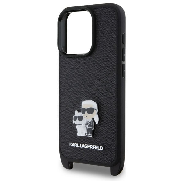 Karl Lagerfeld iPhone 16 Pro Max - Saffiano Karl and Choupette Metal Pin CBDY Strap - Σκληρή Θήκη με Επένδυση Συνθετικού Δέρματος με Πλαίσιο Σιλικόνης και Λουράκι - Black - KLHCP16XSAKCPBK