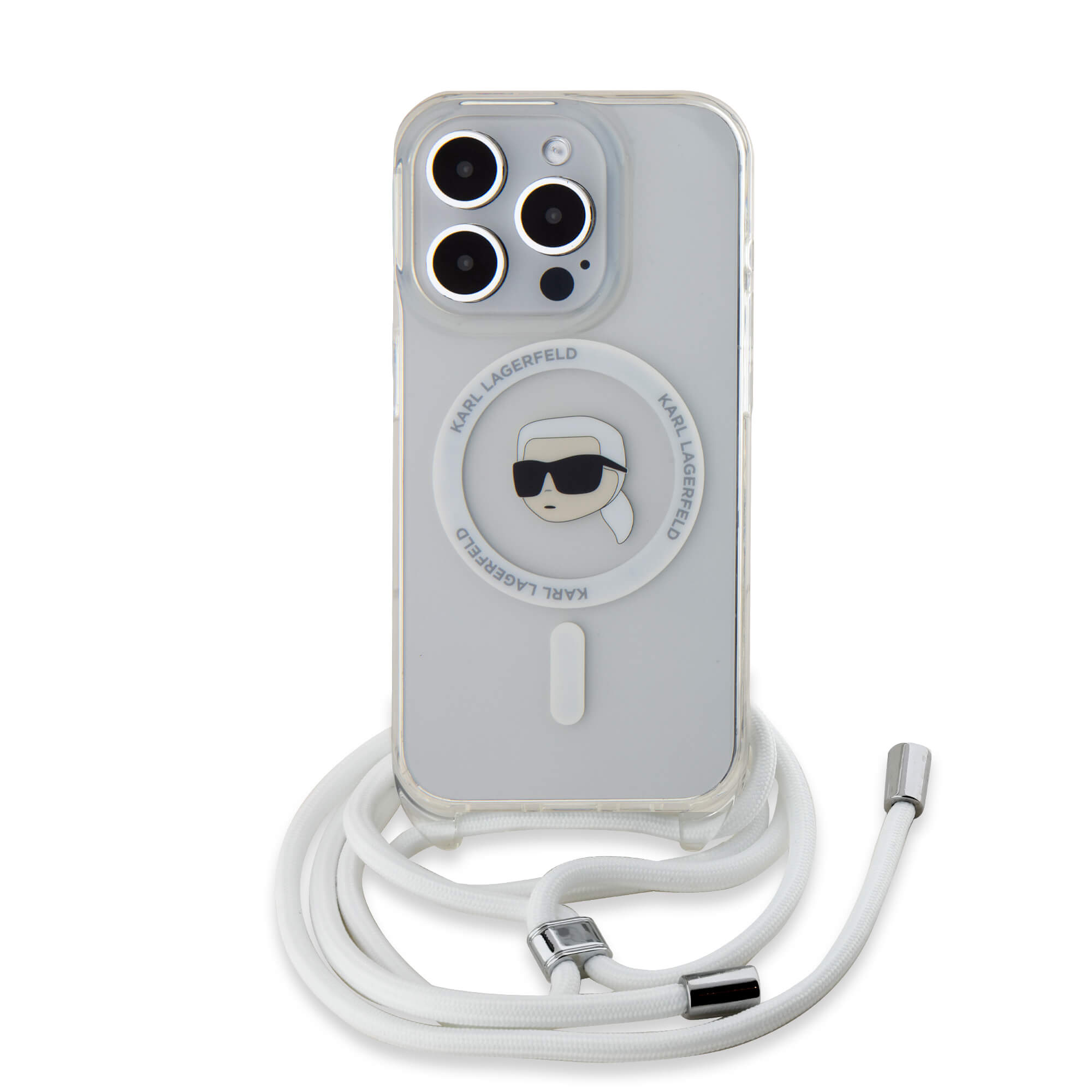 Karl Lagerfeld iPhone 15 Pro - Crossbody IML Karl Head - MagSafe Σκληρή Θήκη με Πλαίσιο Σιλικόνης και Λουράκι - Διάφανη - KLHMP15LHCKHNT
