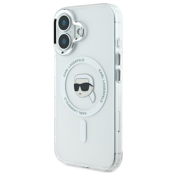 Karl Lagerfeld iPhone 16 - IML Metal Karl Head - MagSafe Σκληρή Θήκη με Πλαίσιο Σιλικόνης - White - KLHMP16SHLSKIH