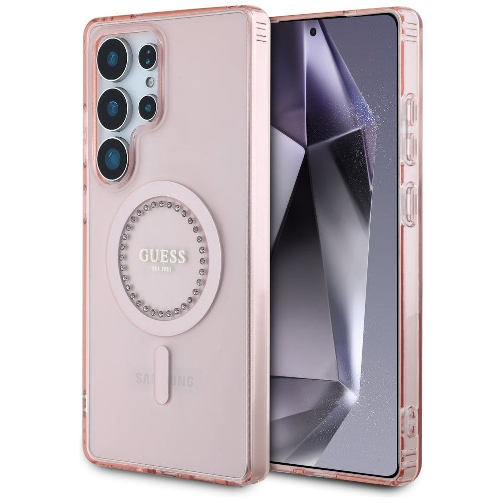 Guess Samsung Galaxy S25 Ultra - Rhinestones Printed Classic Logo - MagSafe Σκληρή Θήκη με Πλαίσιο Σιλικόνης - Pink - GUHMS25LPFTDTEP