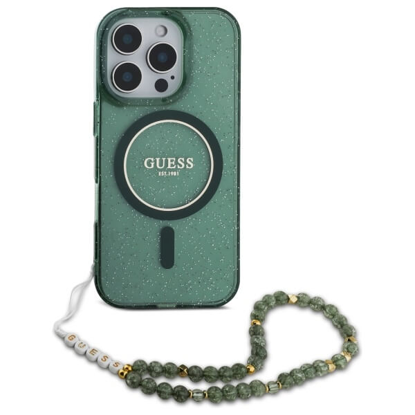 Guess iPhone 16 Pro Max - IML Glitter With Pearl Strap - MagSafe Σκληρή Θήκη με Πλαίσιο Σιλικόνης και Λουράκι - Green - GUHMP16XHGCRELSA