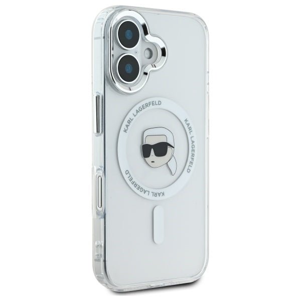 Karl Lagerfeld iPhone 16 - IML Metal Karl Head - MagSafe Σκληρή Θήκη με Πλαίσιο Σιλικόνης - White - KLHMP16SHLSKIH