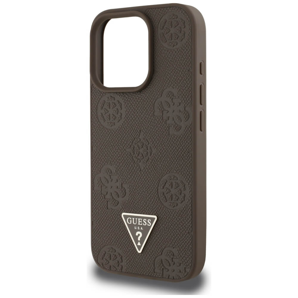Guess iPhone 16 Pro - Grained Hot Stamp Peony Triangle Logo - MagSafe Σκληρή Θήκη με Επένδυση Συνθετικού Δέρματος - Brown - GUHMP16LPGBTMW