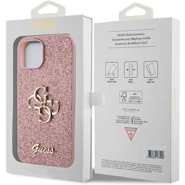 Guess iPhone 15 Glitter Script Big 4G Σκληρή Θήκη με Πλαίσιο Σιλικόνης - Pink - GUHCP15SHG4SGP