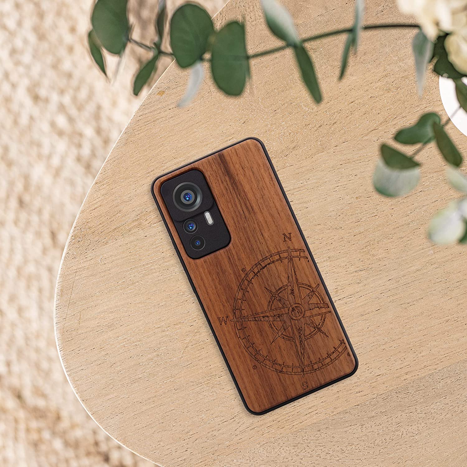 KW Xiaomi 12T / 12T Pro Θήκη από Φυσικό Ξύλο - Design Navigational Compass - Dark Brown - 60150.01