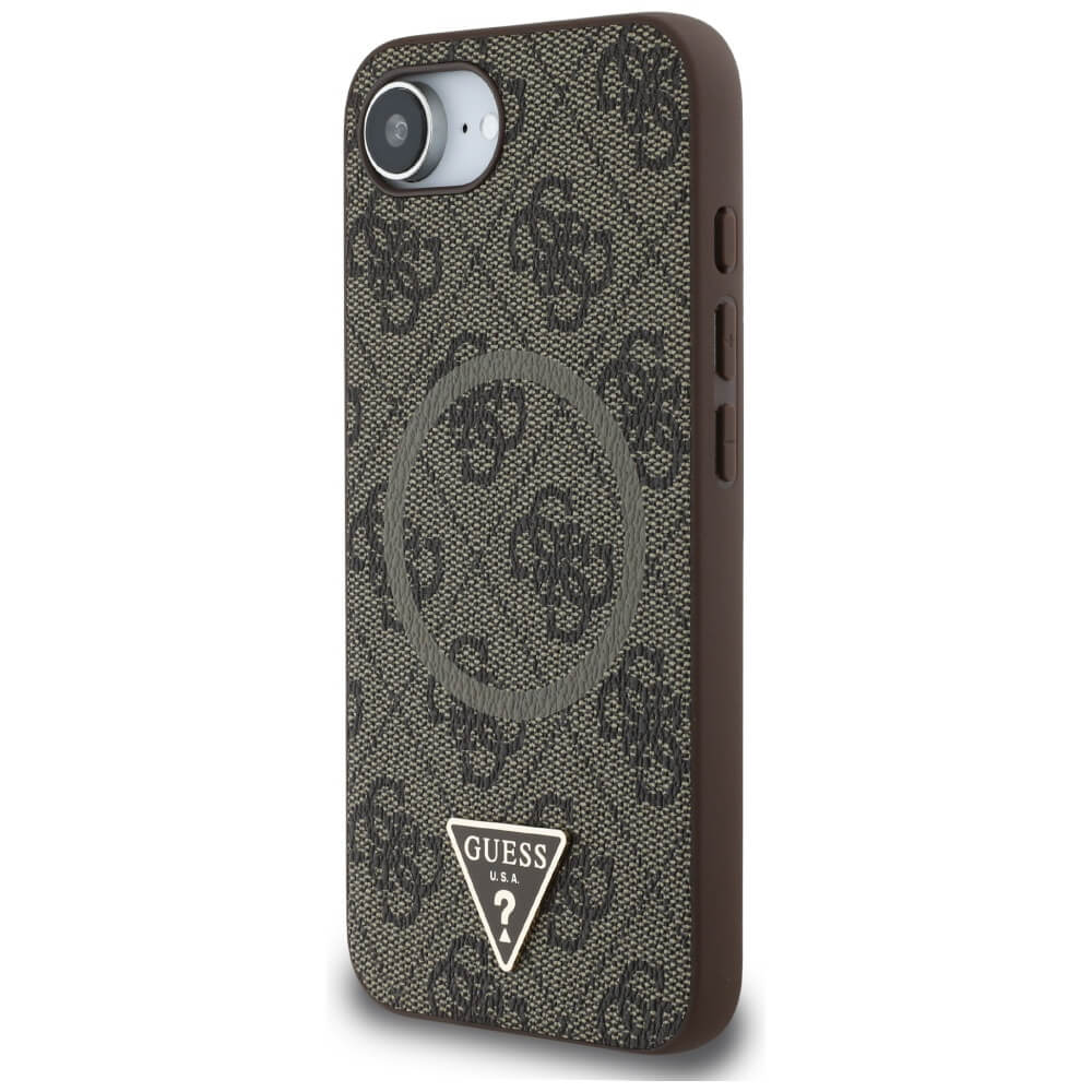 Guess iPhone 16e - 4G Ring Triangle Logo - MagSafe Θήκη με Επένδυση Συνθετικού Δέρματος - Brown - GUHMPSE4P4TDPW