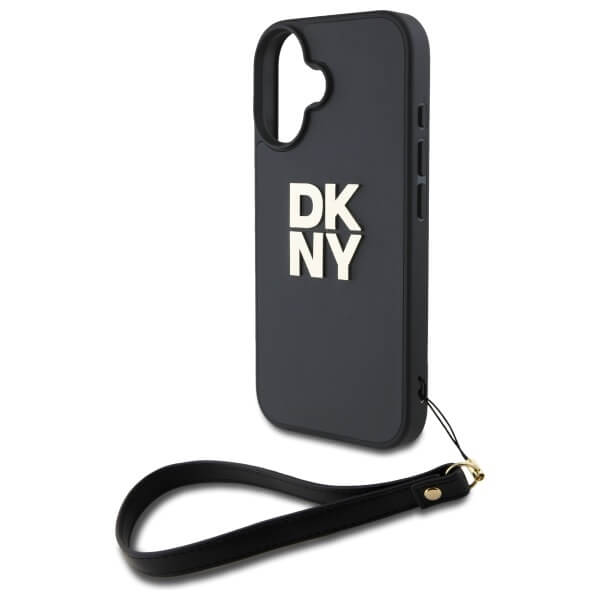 DKNY iPhone 16 - Wrist Strap Stock Logo - Σκληρή Θήκη με Επένδυση Συνθετικού Δέρματος με Λουράκι - Black