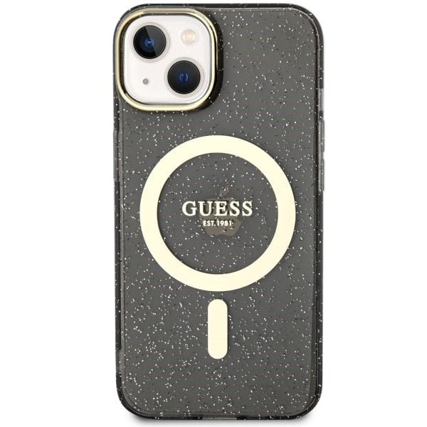 Guess iPhone 13 / 14 / 15 - Σκληρή Θήκη με Πλαίσιο Σιλικόνης - Glitter Gold MagSafe - Black