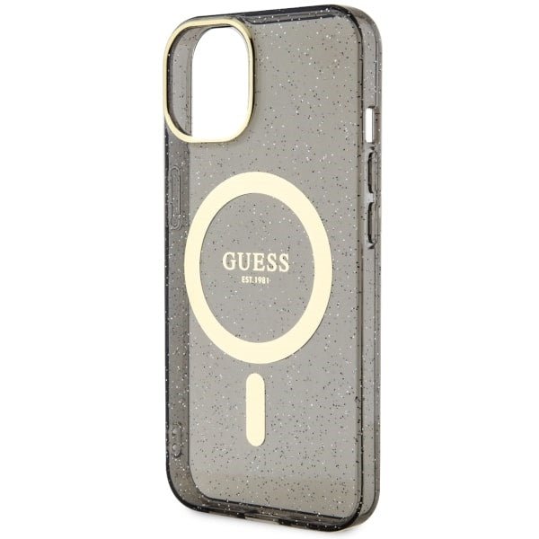 Guess iPhone 13 / 14 / 15 - Σκληρή Θήκη με Πλαίσιο Σιλικόνης - Glitter Gold MagSafe - Black