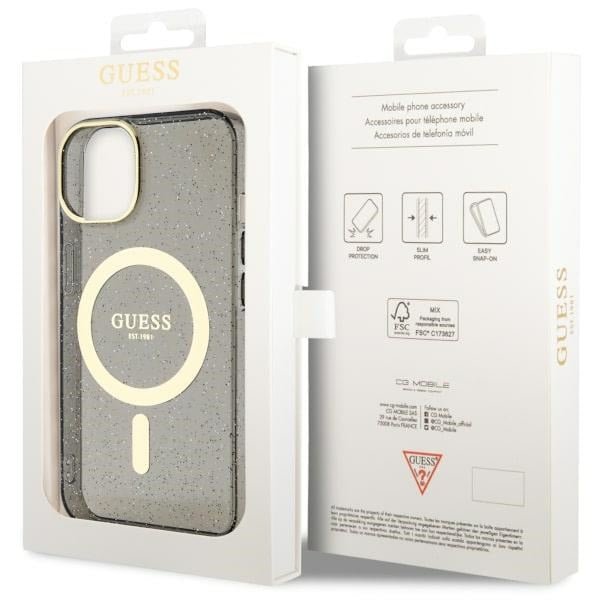 Guess iPhone 13 / 14 / 15 - Σκληρή Θήκη με Πλαίσιο Σιλικόνης - Glitter Gold MagSafe - Black