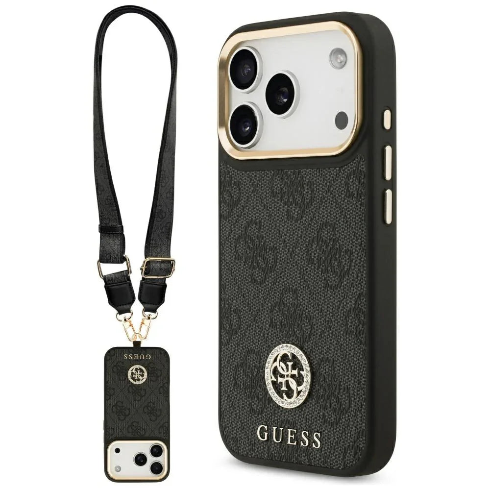 Guess iPhone 17 Pro - 4G Strass Logo and Big Strap Metal Buttons MagSafe - Θήκη με Επένδυση Συνθετικού Δέρματος και Λουράκι - Black