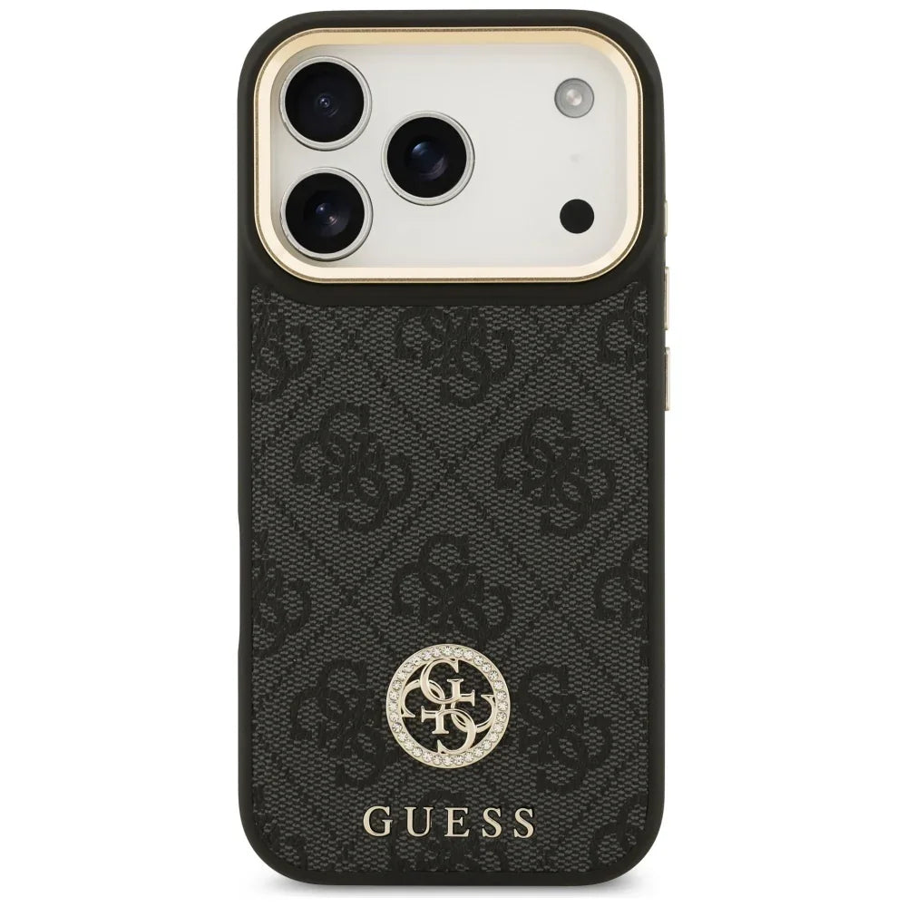 Guess iPhone 17 Pro - 4G Strass Logo and Big Strap Metal Buttons MagSafe - Θήκη με Επένδυση Συνθετικού Δέρματος και Λουράκι - Black