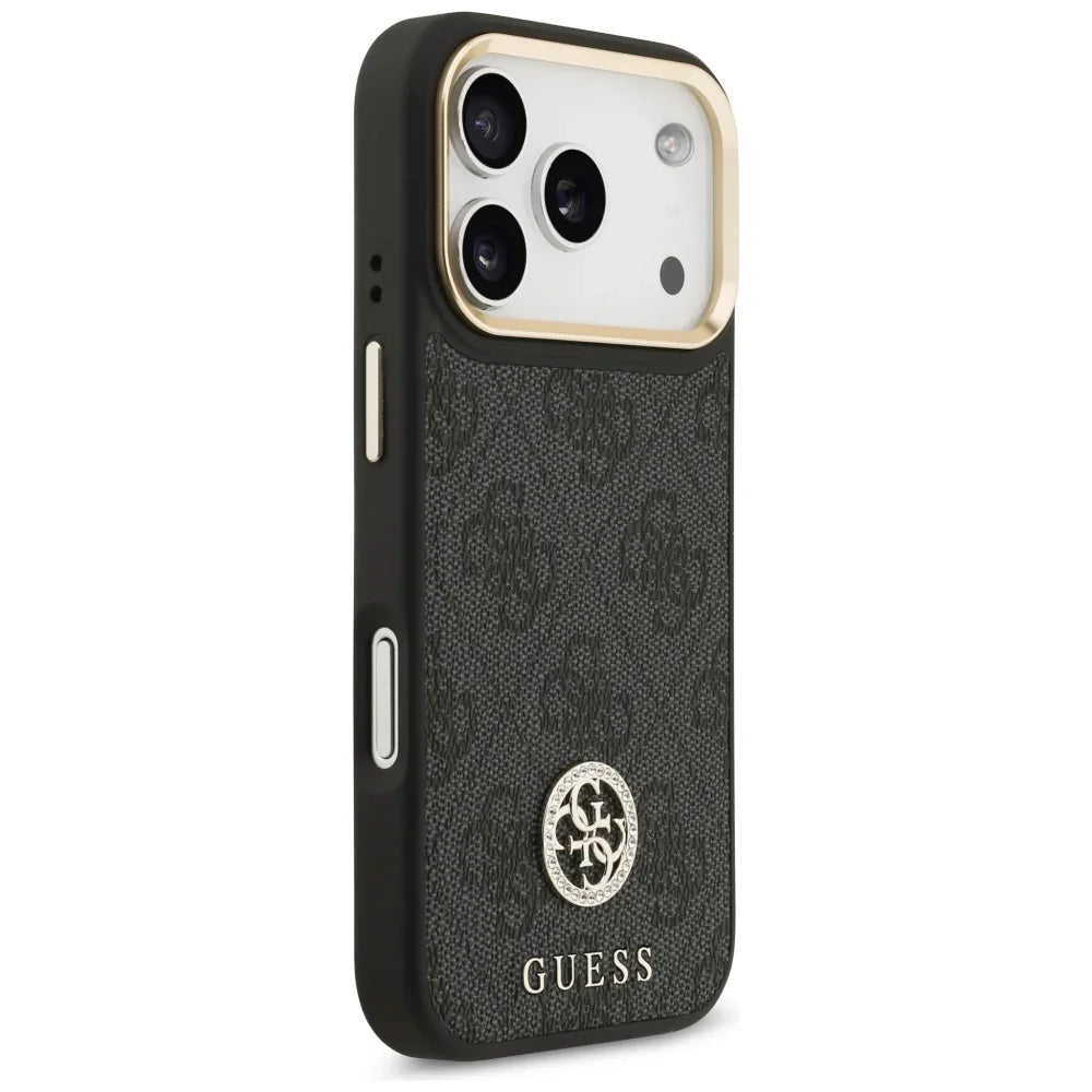Guess iPhone 17 Pro - 4G Strass Logo and Big Strap Metal Buttons MagSafe - Θήκη με Επένδυση Συνθετικού Δέρματος και Λουράκι - Black