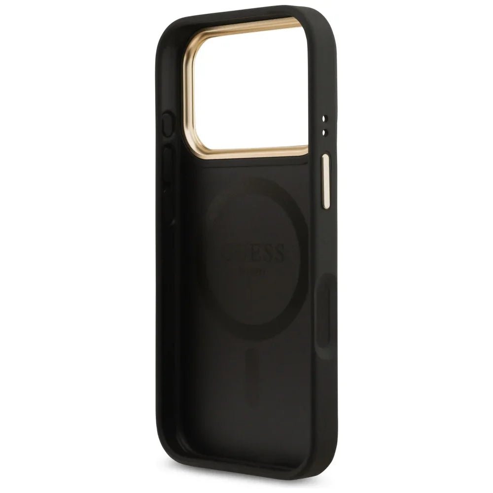 Guess iPhone 17 Pro - 4G Strass Logo and Big Strap Metal Buttons MagSafe - Θήκη με Επένδυση Συνθετικού Δέρματος και Λουράκι - Black