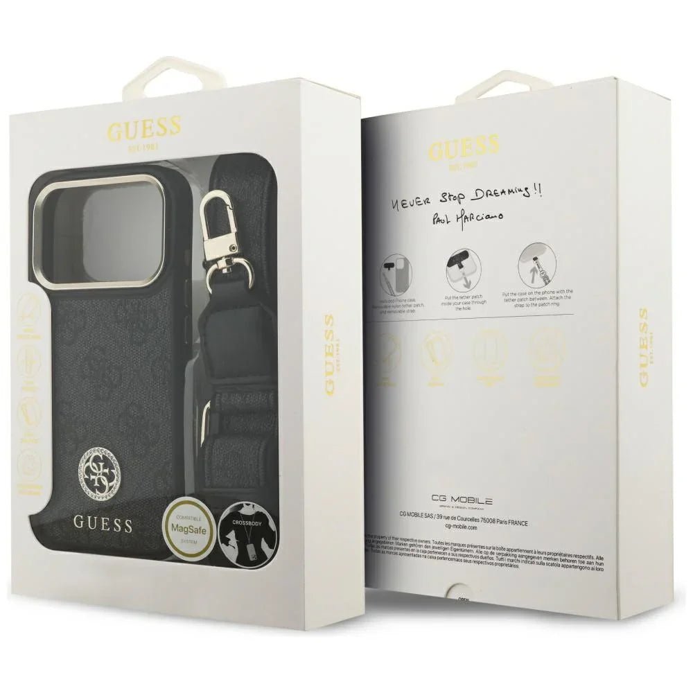 Guess iPhone 17 Pro - 4G Strass Logo and Big Strap Metal Buttons MagSafe - Θήκη με Επένδυση Συνθετικού Δέρματος και Λουράκι - Black