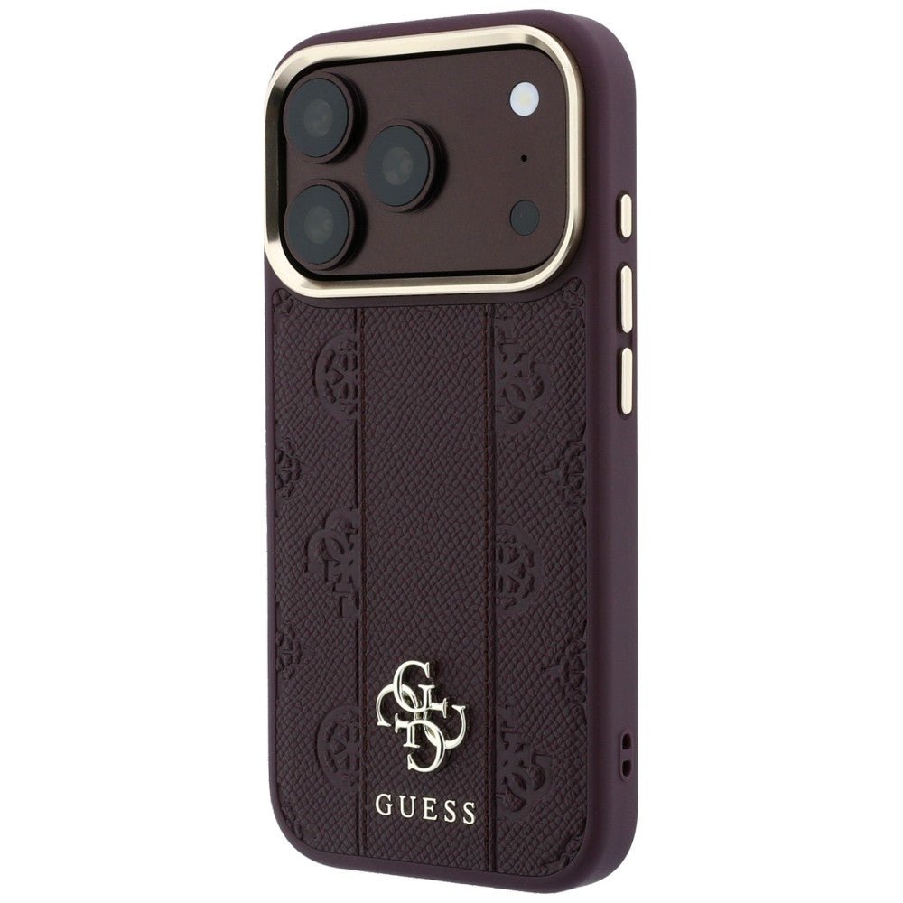 Guess iPhone 17 Pro / iPhone 18 Pro - Σκληρή Θήκη με Επένδυση Συνθετικού Δέρματος - Stripe Peony 4G Logo MagSafe - Burgundy