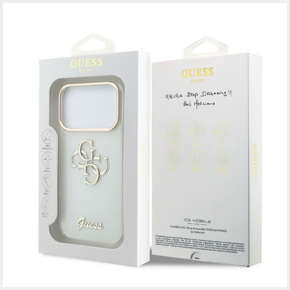 Guess iPhone 17 Pro / iPhone 18 Pro - Σκληρή Θήκη με Πλαίσιο Σιλικόνης - IML 4G Script Metal - White
