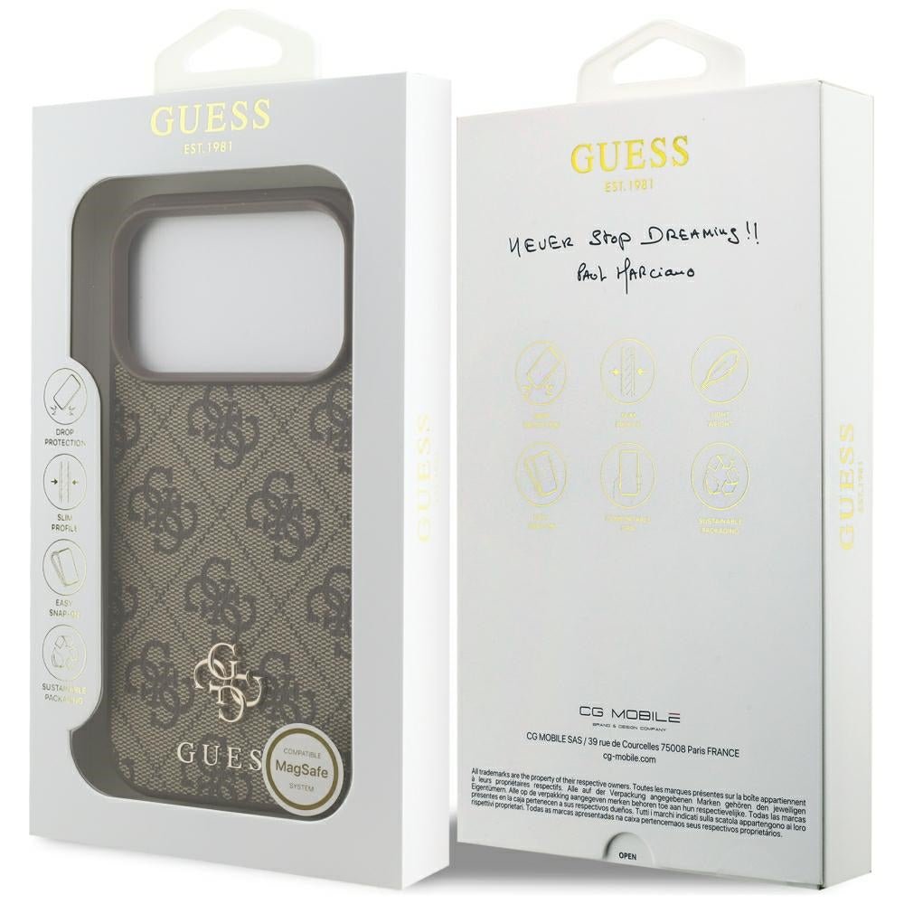 Guess iPhone 17 Pro / iPhone 18 Pro - Σκληρή Θήκη με Πλαίσιο Σιλικόνης και Επένδυση Συνθετικού Δέρματος - 4G Small Classic Logo MagSafe - Brown