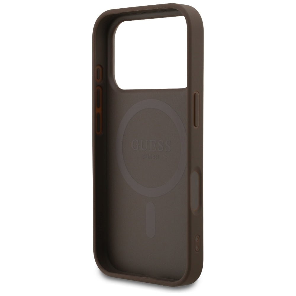 Guess iPhone 17 Pro / iPhone 18 Pro - Σκληρή Θήκη με Πλαίσιο Σιλικόνης και Επένδυση Συνθετικού Δέρματος - 4G Small Classic Logo MagSafe - Brown