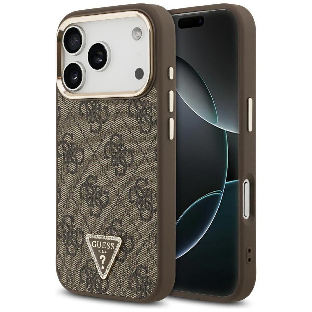 Guess iPhone 17 Pro / iPhone 18 Pro - Σκληρή Θήκη με Πλαίσιο Σιλικόνης και Επένδυση Συνθετικού Δέρματος - 4G Triangle Logo MagSafe - Brown