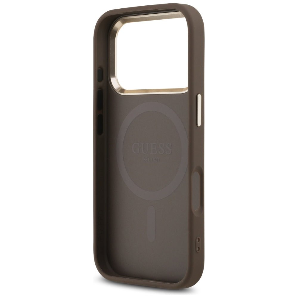 Guess iPhone 17 Pro / iPhone 18 Pro - Σκληρή Θήκη με Πλαίσιο Σιλικόνης και Επένδυση Συνθετικού Δέρματος - 4G Triangle Logo MagSafe - Brown