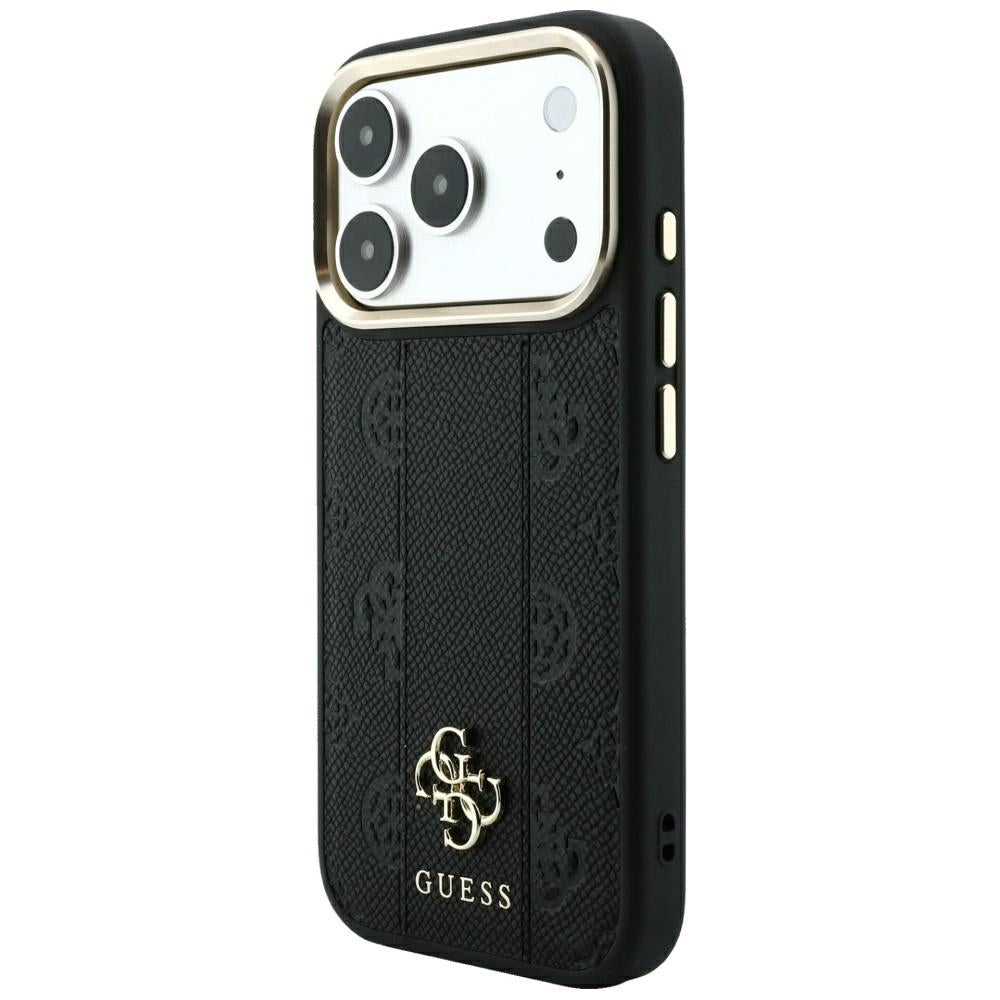 Guess iPhone 17 Pro Max / iPhone 18 Pro Max - Σκληρή Θήκη με Επένδυση Συνθετικού Δέρματος - Stripe Peony 4G Logo MagSafe - Black