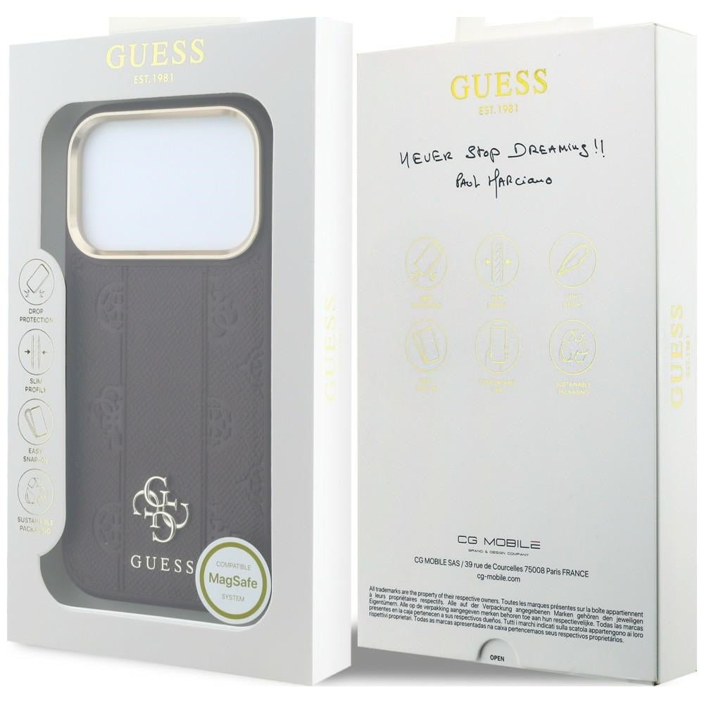 Guess iPhone 17 Pro Max / iPhone 18 Pro Max - Σκληρή Θήκη με Επένδυση Συνθετικού Δέρματος - Stripe Peony 4G Logo MagSafe - Burgundy