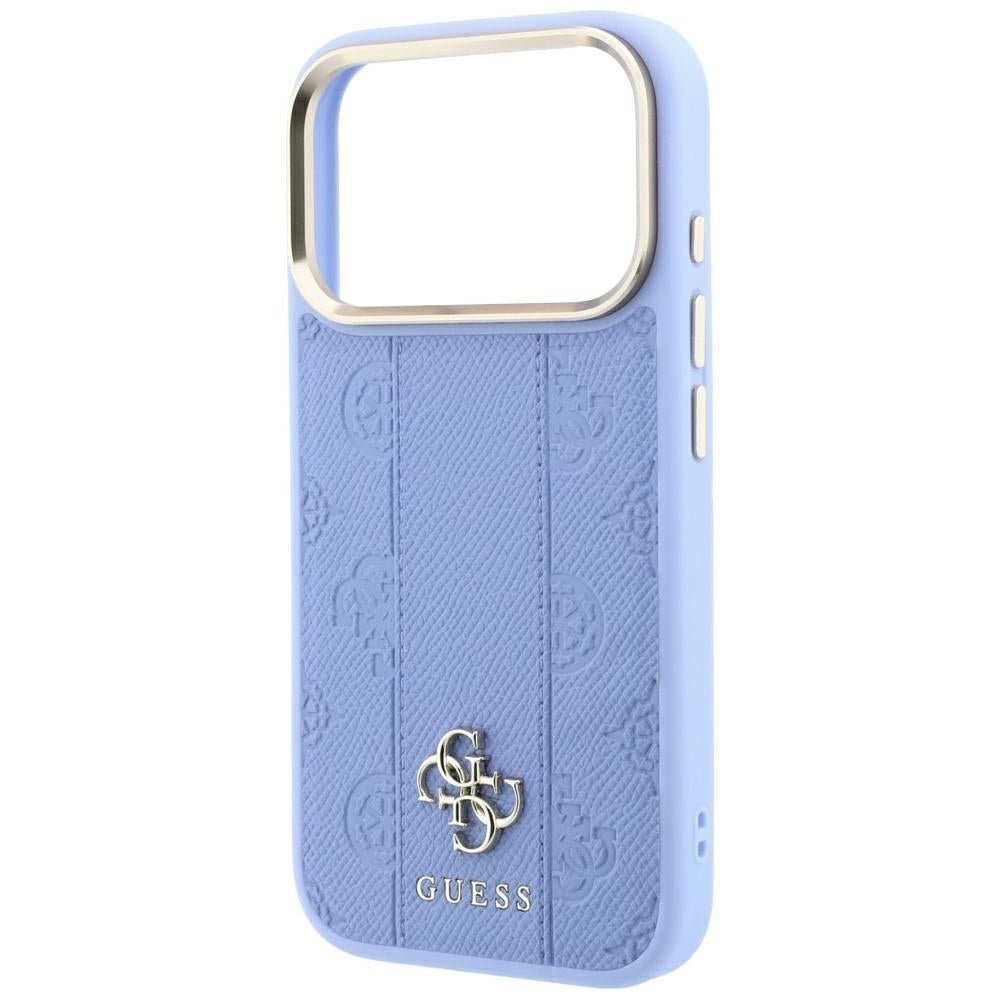 Guess iPhone 17 Pro Max / iPhone 18 Pro Max - Σκληρή Θήκη με Επένδυση Συνθετικού Δέρματος - Stripe Peony 4G Logo MagSafe - Light Blue