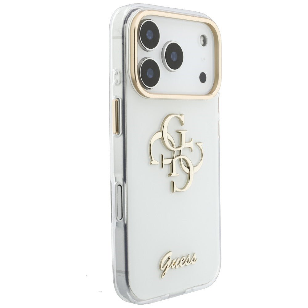Guess iPhone 17 Pro Max / iPhone 18 Pro Max - Σκληρή Θήκη με Πλαίσιο Σιλικόνης - IML 4G Script Metal - White