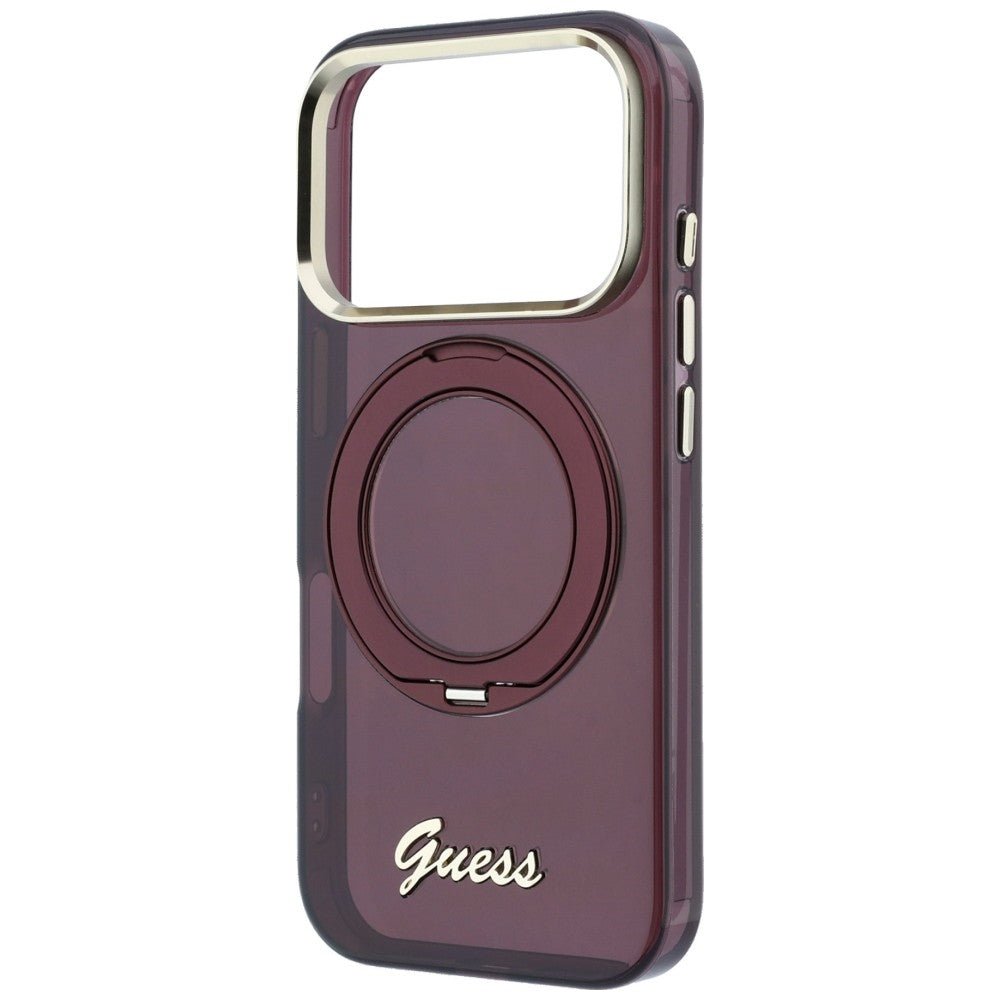 Guess iPhone 17 Pro Max / iPhone 18 Pro Max - Σκληρή Θήκη με Πλαίσιο Σιλικόνης και Δαχτυλίδι Συγκράτησης - IML Ring Stand 360 Script Metal Logo MagSafe - Burgundy