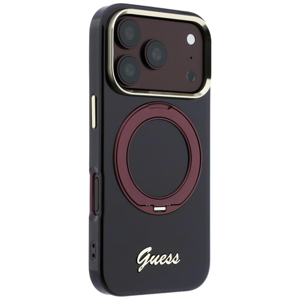 Guess iPhone 17 Pro Max / iPhone 18 Pro Max - Σκληρή Θήκη με Πλαίσιο Σιλικόνης και Δαχτυλίδι Συγκράτησης - IML Ring Stand 360 Script Metal Logo MagSafe - Burgundy